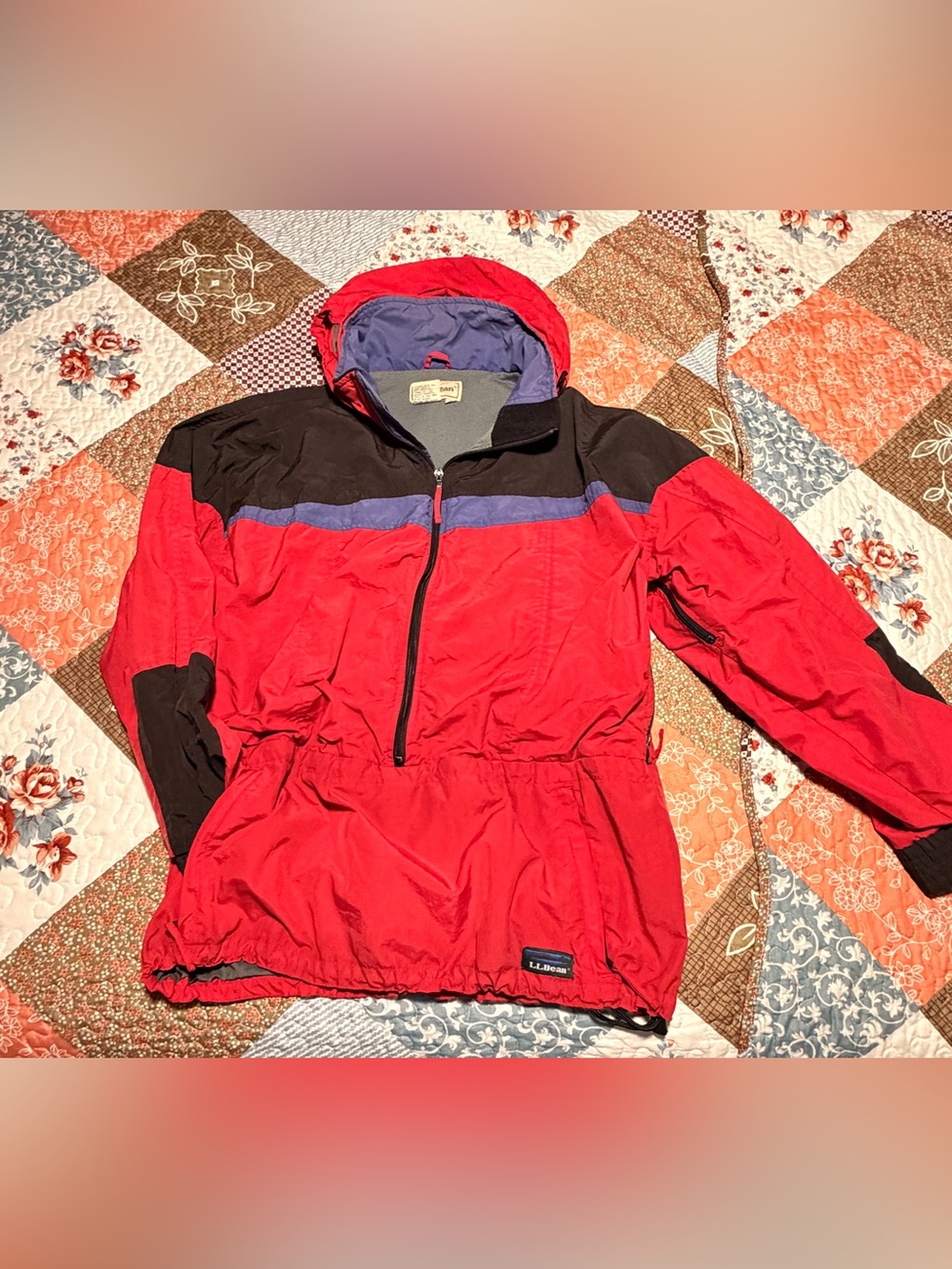 Men’s - Vintage 90s L.L.Bean XL Hooded Anorak Windbreaker Red Black Purple USA